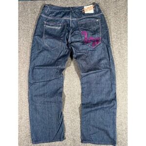 Live Mechanics Mens Baggy Y2K Carpenter Jeans Dark Wash Purple Stitching 38x33